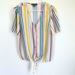 Primark multi-colored striped blouse with tie in front